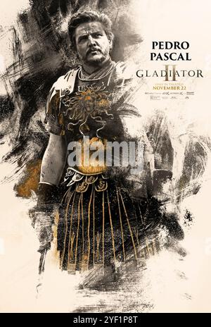 Gladiator II (2024) von Ridley Scott mit Pedro Pascal als Marcus Acacius. Nachdem seine Heimat von den tyrannischen Kaisern erobert wurde, die heute Rom führen, ist Lucius gezwungen, das Kolosseum zu betreten und muss auf seine Vergangenheit schauen, um Kraft zu finden, um den Ruhm Roms seinem Volk zurückzugeben. Poster mit US-Zeichen ***NUR FÜR REDAKTIONELLE ZWECKE***. Quelle: BFA / Paramount Pictures Stockfoto