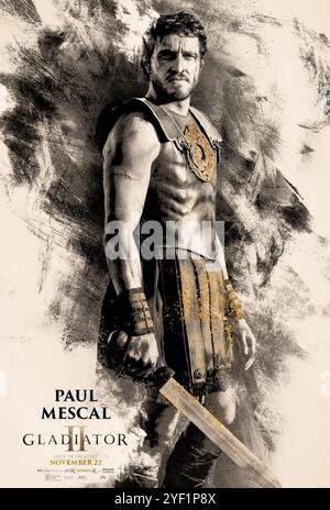 Gladiator II (2024) von Ridley Scott mit Paul Mescal als Lucius. Nachdem seine Heimat von den tyrannischen Kaisern erobert wurde, die heute Rom führen, ist Lucius gezwungen, das Kolosseum zu betreten und muss auf seine Vergangenheit schauen, um Kraft zu finden, um den Ruhm Roms seinem Volk zurückzugeben. Poster mit US-Zeichen ***NUR FÜR REDAKTIONELLE ZWECKE***. Quelle: BFA / Paramount Pictures Stockfoto