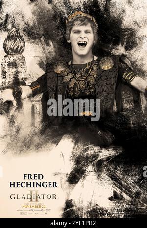 Gladiator II (2024) von Ridley Scott mit Fred Hechinger als Kaiser Geta. Macht und Verrat treffen im alten Rom in dieser mit Spannung erwarteten Fortsetzung aufeinander. Poster mit US-Zeichen ***NUR FÜR REDAKTIONELLE ZWECKE***. Quelle: BFA / Paramount Pictures Stockfoto