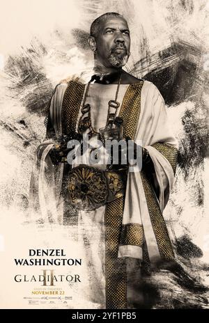 Gladiator II (2024) von Ridley Scott mit Denzel Washington als Proximus. In dieser actiongeladenen Fortsetzung des Oscar-prämierten Originals taucht ein mysteriöser Krieger auf. Poster mit US-Zeichen ***NUR FÜR REDAKTIONELLE ZWECKE***. Quelle: BFA / Paramount Pictures Stockfoto