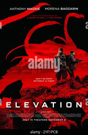 Elevation (2024) von George Nolfi mit Anthony Mackie, Morena Baccarin und Maddie Hasson. In einer postapokalyptischen Welt müssen zwei Überlebende gegen monströse Kreaturen kämpfen, um am Leben zu bleiben. US-Poster NUR FÜR REDAKTIONELLE ZWECKE. Kredit: BFA / Vertical Entertainment Stockfoto