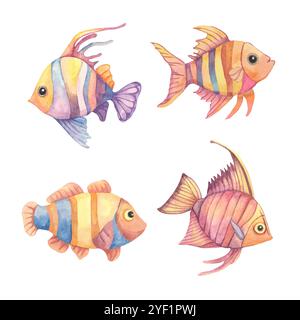 Eine Reihe von Aquarellfischen in violetten, orangen und blauen Tönen. Dieser Clipart eignet sich ideal für Illustrationen von Kinderbüchern, Designs mit Wassermotiven oder dekorative Unterwasserelemente auf Produkten Stockfoto