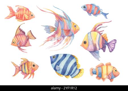 Eine verspielte Schule tropischer Fische in leuchtenden Blau-, Violett- und Orangetönen. Dieses Clipart in Aquarellfarben eignet sich perfekt für Kinderbekleidung, Schreibwaren im Wassermotiv oder Produkte mit Unterwassermotiv Stockfoto