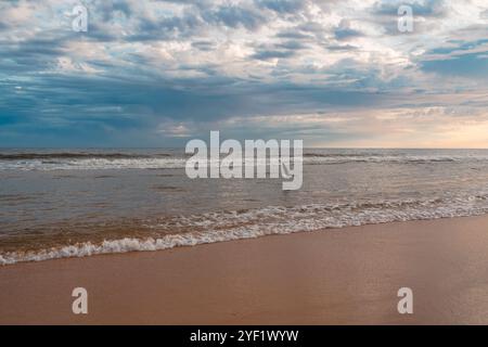 Sanfte Wellen Rollen am Ufer unter einem stimmungsvollen, wolkengefüllten Himmel, während ein Vogel darüber gleitet. Stockfoto