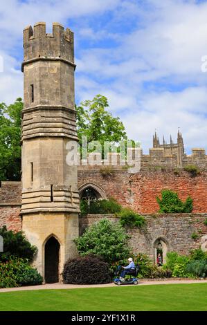 Turm und Mauern in den Bishops Palace Gardens, Wells. Stockfoto