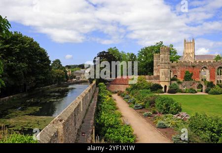 Teil des Bischofspalastgartens und des Burggrabens, Wells. Stockfoto