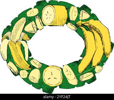 Sommergrußkarte mit Ananas, Bananen, Palmblättern, Plumeria und ovalem leerem Etikett. Perfekt für Urlaubseinladungen Stock Vektor