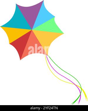 Fliegendes Drachen Regenbogenmuster isoliert auf weißem Hintergrund, fliegen oder fliegen, Feiertagskites, Freizeitaktivitäten, Sankranti traditionelle indien Zeremonie, ve Stock Vektor
