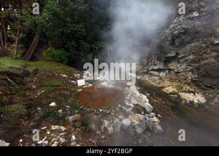 Im Herzen des Dorfes Furnas sprudelt ein Kessel geothermischer Aktivität an die Oberfläche, mit dampfenden Schlammbecken und zischenden Lüftungsschlitzen, die einen Sulfu freisetzen Stockfoto