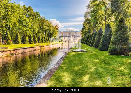 PETERHOF, RUSSLAND - 28. AUGUST: Malerischer Blick über den Meereskanal in den Peterhof Gardens, Russland, am 28. August 2016. Schloss Peterhof und Gärten Complle Stockfoto