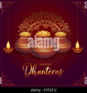 Happy dhanteras goldenen Münztopf und Diya Hintergrund Stock Vektor