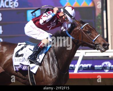 Del Mar, Usa. November 2024. Thorpedo (cq) Anna, geritten von Brian Hernandez Jr., gewinnt den Breeders Cup Distaff bei der 41. Runde der Breeders' Cup Championships auf der Del Mar Rennstrecke in Del Mar, Kalifornien am Samstag, den 2. November 2024. Foto: Mark Abraham/UPI Credit: UPI/Alamy Live News Stockfoto