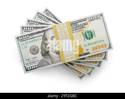 Fünfzigtausend Dollar Stapel von 100 Dollar Scheinen isoliert auf weißem Hintergrund. Stockfoto