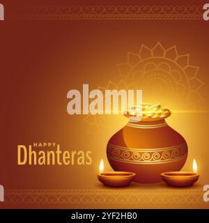 Dekorative glücklich dhanteras goldenen Hintergrund mit kalash und diya Stock Vektor