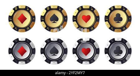 Set aus Gold und Silber Poker Chips auf weiß. Spielmarken mit Diamantensymbolen, Schlägern, Herzen und Pik von oben. Vektor-Chips Icon Design für Karte, ca. Stock Vektor