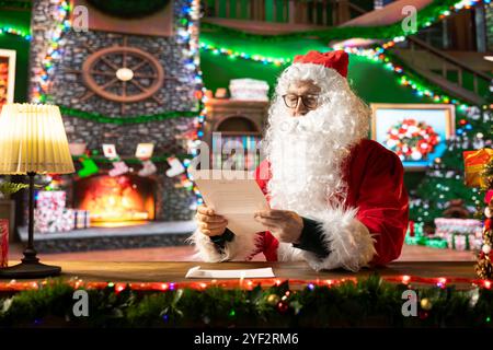 In seiner rustikalen Blockhütte liest der Weihnachtsmann die Wunschliste eines hoffnungsvollen Kindes. Die traditionelle Weihnachtsszene unterstreicht seine Rolle bei der Weihnachtsfreude und Weihnachtsgeschenke für Kinder auf der ganzen Welt. Stockfoto