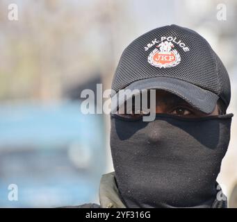 Srinagar, Indien. November 2024. Ein indisches Sicherheitspersonal steht am 2. November 2024 in Srinagar in der Nähe des Ortes einer Schießerei zwischen mutmaßlichen Militanten und indischen Streitkräften. Indische Soldaten töteten zwei mutmaßliche Kämpfer während eines Feuerschlages im umstrittenen Kaschmir, der begann, als ein Suchtteam unter Beschuss geriet, teilte die Armee am 2. November mit. (Foto von Mubashir Hassan/Pacific Press) Credit: Pacific Press Media Production Corp./Alamy Live News Stockfoto