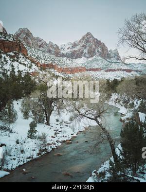 Im Zion National Park, Utah, gibt es eine verschneite Landschaft mit einem sich windenden Fluss und hohen Klippen. Stockfoto