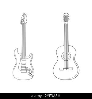 Elektrische und akustische Gitarre. Einzeilige Art. Handgezeichnete Musikinstrumente. Vektorabbildung. Stock Vektor
