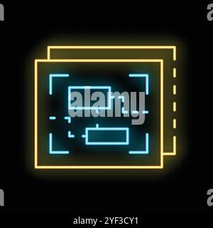 Symbol für elektronische Computerkarte mit leuchtender Neonleitung auf der Platine mit schwarzem Hintergrund isoliert. Vektorabbildung Stock Vektor
