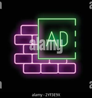 Leuchtend grün und violett Neonschilder Werbung an einer Ziegelwand Stock Vektor