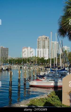 Blick auf NW vom Benoist Plaza in Richtung Downtown St. Petersburg Florida. Stadtbild über dem Yachthafen hinten. Blauer Himmel an einem sonnigen Tag. In Der Nähe Des Piers. Dock Stockfoto