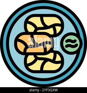 Dieses Farbvektor-Symbol zeigt einen Teller mit drei Garnelen und eine Seite von Wasabi, perfekt für Projekte im Zusammenhang mit Essen, Essen und japanischer Küche Stock Vektor