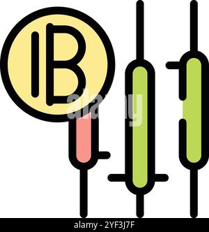 Zeichentricksymbol des thailändischen Baht-Währungssymbols auf einem grünen Kerzendiagramm Stock Vektor