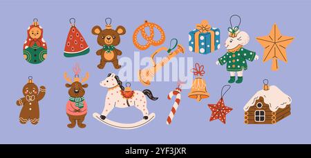 Weihnachtsbäume Ornamente flache Farbe Vektor Objekte gesetzt Stock Vektor