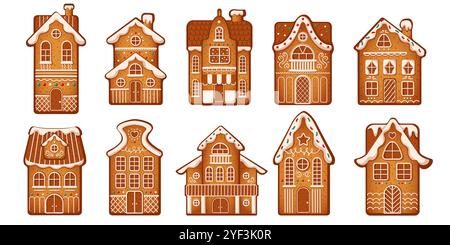Handgemachte Lebkuchenhäuser mit Glasur flachen Vektorobjekten Stock Vektor