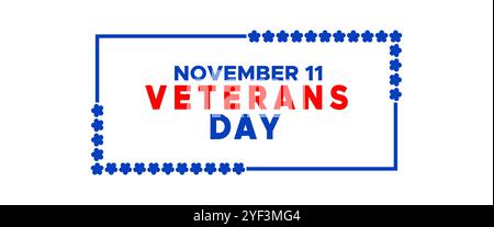 11. November Typografie-Schrifttext mit Blumenrahmen. Weihnachtsbanner für Veteranen der USA für die Feier im November. Vektor isoliert Stock Vektor