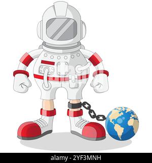 Der Astronaut ist an den Planeten Erde gekettet. Isoliert auf weißem Hintergrund. Vektorabbildung. Stock Vektor