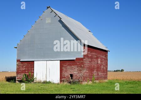 Campus, Illinois, USA. Verwitterte, holzseitige und metallene Scheune mit Metalldach, umgeben von Maisfeldern inmitten der Ernte. Stockfoto