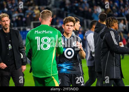 2. November 2024: Minnesota United Mittelfeldspieler will Trapp (20) sieht nach einem MLS Cup Playoffs-Fußball-Spiel zwischen Real Salt Lake und Minnesota United FC im Allianz Field in St. Paul, Minnesota. Steven Garcia-CSM. Stockfoto