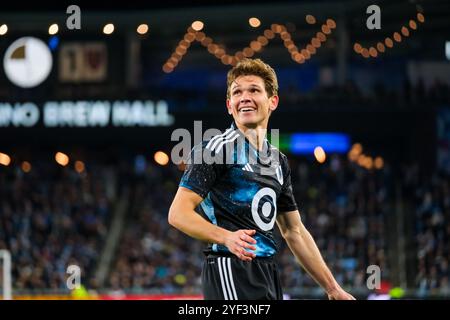 2. November 2024: Minnesota United Mittelfeldspieler will Trapp (20) sieht bei einem MLS Cup Playoffs-Fußballspiel zwischen Real Salt Lake und Minnesota United FC auf dem Allianz Field in St. Paul, Minnesota, an. Steven Garcia-CSM. Stockfoto