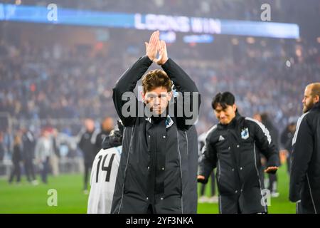 2. November 2024: Minnesota United Mittelfeldspieler will Trapp (20) feiert nach einem MLS Cup Playoffs-Fußballspiel zwischen Real Salt Lake und Minnesota United FC, das auf dem Allianz Field in St. Paul, Minnesota stattfindet. Steven Garcia-CSM. Stockfoto