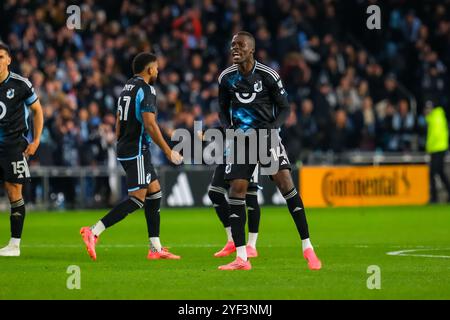 2. November 2024: Minnesota United Stürmer Tani Oluwaseyi (14) reagiert auf ein MLS Cup Playoffs-Fußballspiel zwischen Real Salt Lake und Minnesota United FC, das auf dem Allianz Field in St. Paul, Minnesota stattfindet. Steven Garcia-CSM. Stockfoto