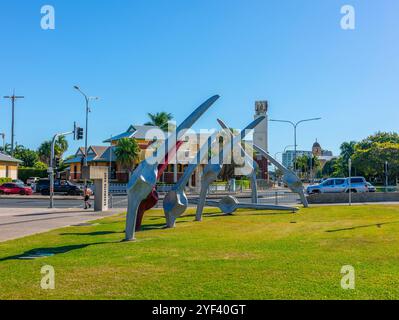 Tribut Skulptur an der Wal Fischer im Bluewater Quay, Downtown Mackay, Queensland, Australien Stockfoto