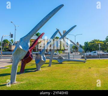 Tribut Skulptur an der Wal Fischer im Bluewater Quay, Downtown Mackay, Queensland, Australien Stockfoto