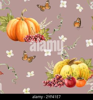 Thanksgiving Day Gemüse- und Obsternte mit Schmetterlingen und kleinen weißen Blumen Aquarellmuster Stockfoto