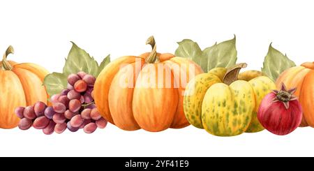Aquarell Thanksgiving Day Gemüse und Früchte Ernte Aquarell nahtlose Grenze mit Kürbissen, Trauben Granatapfel Stockfoto
