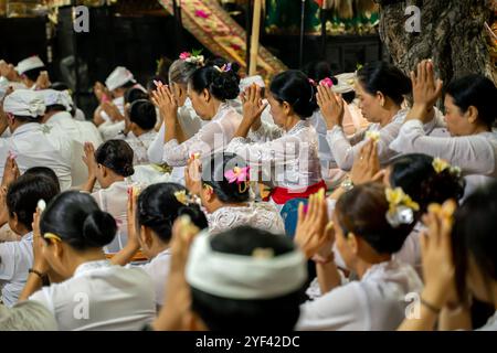 Gruppe balinesischer Frauen betet bei Kuningan-Zeremonie, Pura Gunung Sari Tempel, Denpasar, Bali, Indonesien, Asien Stockfoto