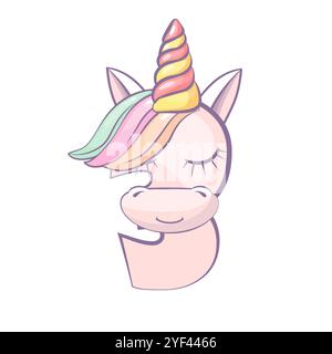 Cartoon Nummer 3 wie Unicorn, Figur drei. Zeichentrick der Zahl mit einem Tierkonzept. Kalligrafie, Schriften, Typografie für Ihre Bildungskarten Stock Vektor