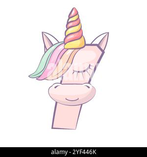 Cartoon Nummer 7 wie Unicorn, Figur 7. Zeichentrick der Zahl mit einem Tierkonzept. Kalligrafie, Schriften, Typografie für Ihre Bildungskarten Stock Vektor