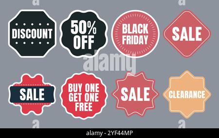 Eine Vielzahl von Rabattetiketten für Black Friday, Verkauf und Werbeaktionen in verschiedenen Formen und Farben, ideal für das Einzelhandelsmarketing. Stock Vektor