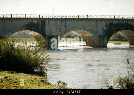 Hohe Ebene der Loire unter der Digoin-Kanalbrücke, die die Ufer überquert Stockfoto