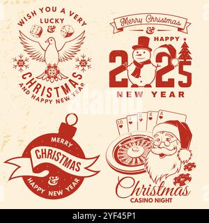 Set von Lucky Christmas Casino Night. Vintage-Glücksspiel-Druck, Logo, Badge-Design mit santa claus, Poker-Spielkarte, Taube mit Casino-Chips Stock Vektor