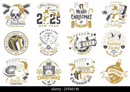 Set von Lucky Christmas Casino Night. Vintage-Druck, Logo, Badge-Design mit weihnachtsmann, Casino-Würfel, Schneemann, Poker-Spielkarte, Spielautomaten und Stock Vektor