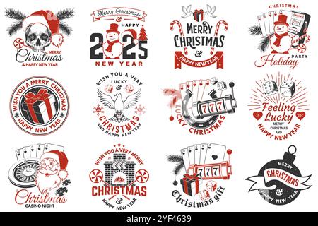 Set von Lucky Christmas Casino Night. Vintage-Druck, Logo, Badge-Design mit weihnachtsmann, Casino-Würfel, Schneemann, Poker-Spielkarte, Spielautomaten und Stock Vektor