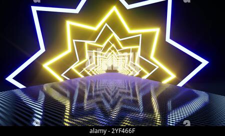 Futuristisches Neonsterne-Tunnel-3D-Rendering Stockfoto